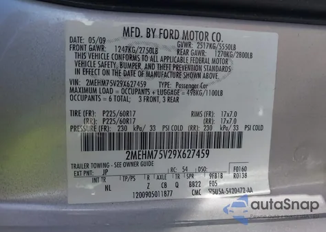 2009 Mercury Grand Marquis Ls (Fleet Only) из США, поврежденный, VIN 2MEHM75V29X627459